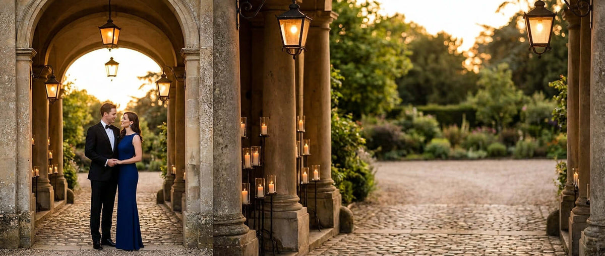 A couple in elegant black-tie formalwear — a man in a black tuxedo and a woman in a deep sapphire gown — standing at the entrance of a grand candlelit estate at golden hour.
