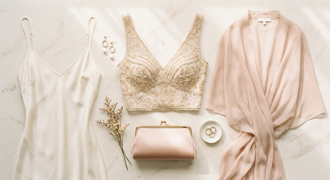 An elegant flat lay of luxurious bridal wardrobe pieces including silk dresses, embellished fabric, and pearl accessories arranged on an ivory marble surface in soft natural light.
