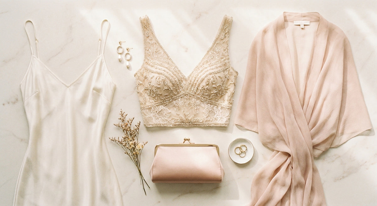 An elegant flat lay of luxurious bridal wardrobe pieces including silk dresses, embellished fabric, and pearl accessories arranged on an ivory marble surface in soft natural light.