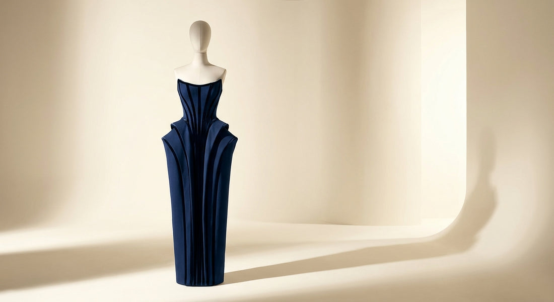 A dramatic structured corset gown on a mannequin form, its sculpted boning and architectural silhouette illuminated by soft directional studio lighting against a warm ivory backdrop.