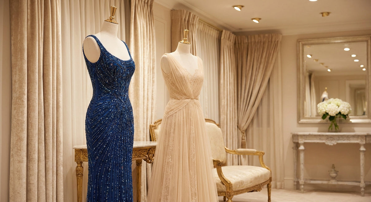 Two elegant formal gowns displayed side by side in a softly lit luxury boutique, showcasing beaded and flowing styles in warm champagne tones.