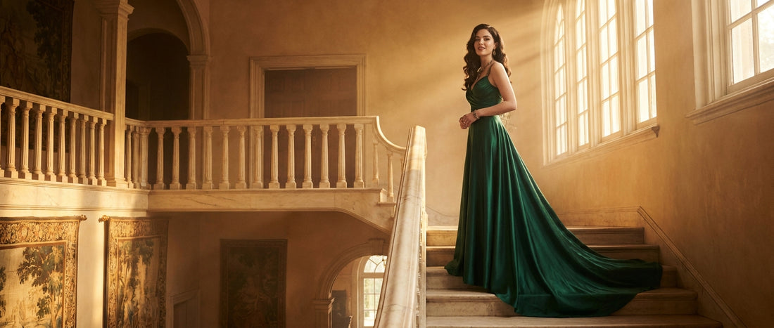 A confident young woman in a stunning jewel-toned formal gown stands poised at the top of an elegant staircase bathed in golden evening light.