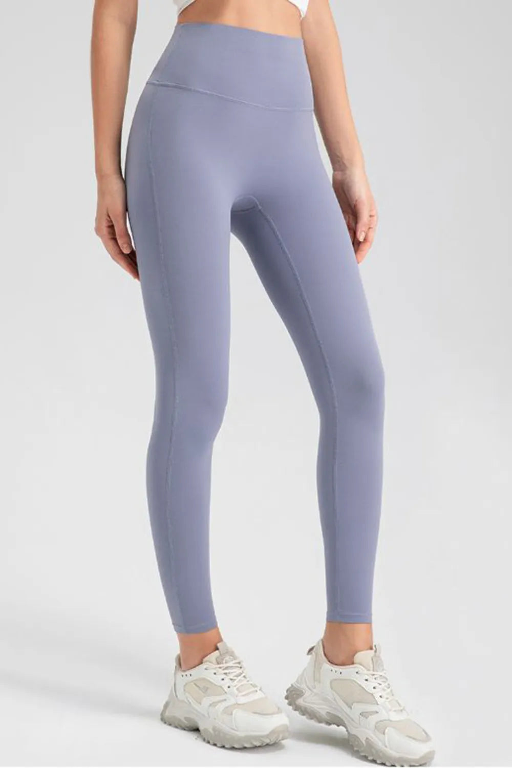 High-waist skinny active pants in light purple, full-length leggings with ankle fit