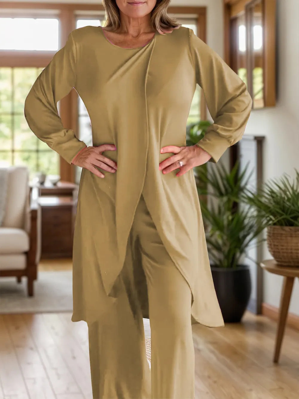 Olive-gold long-sleeve round-neck top and wide-leg pants set with front slit
