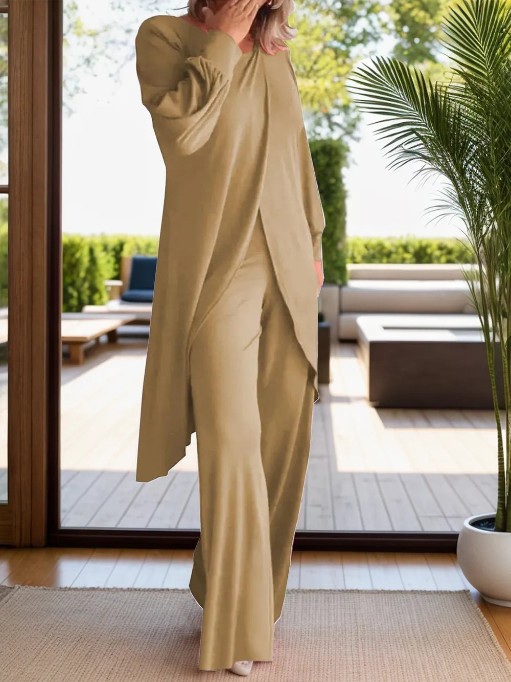 Camel long-sleeve round-neck top and wide-leg pants set with front slit