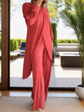 Orange-red long sleeve top and wide-leg pants set with front slit detail