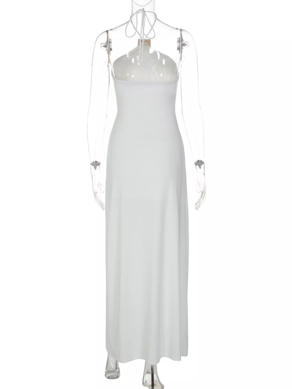 White halter backless maxi dress on hanger, full-length silhouette with ruched seam.