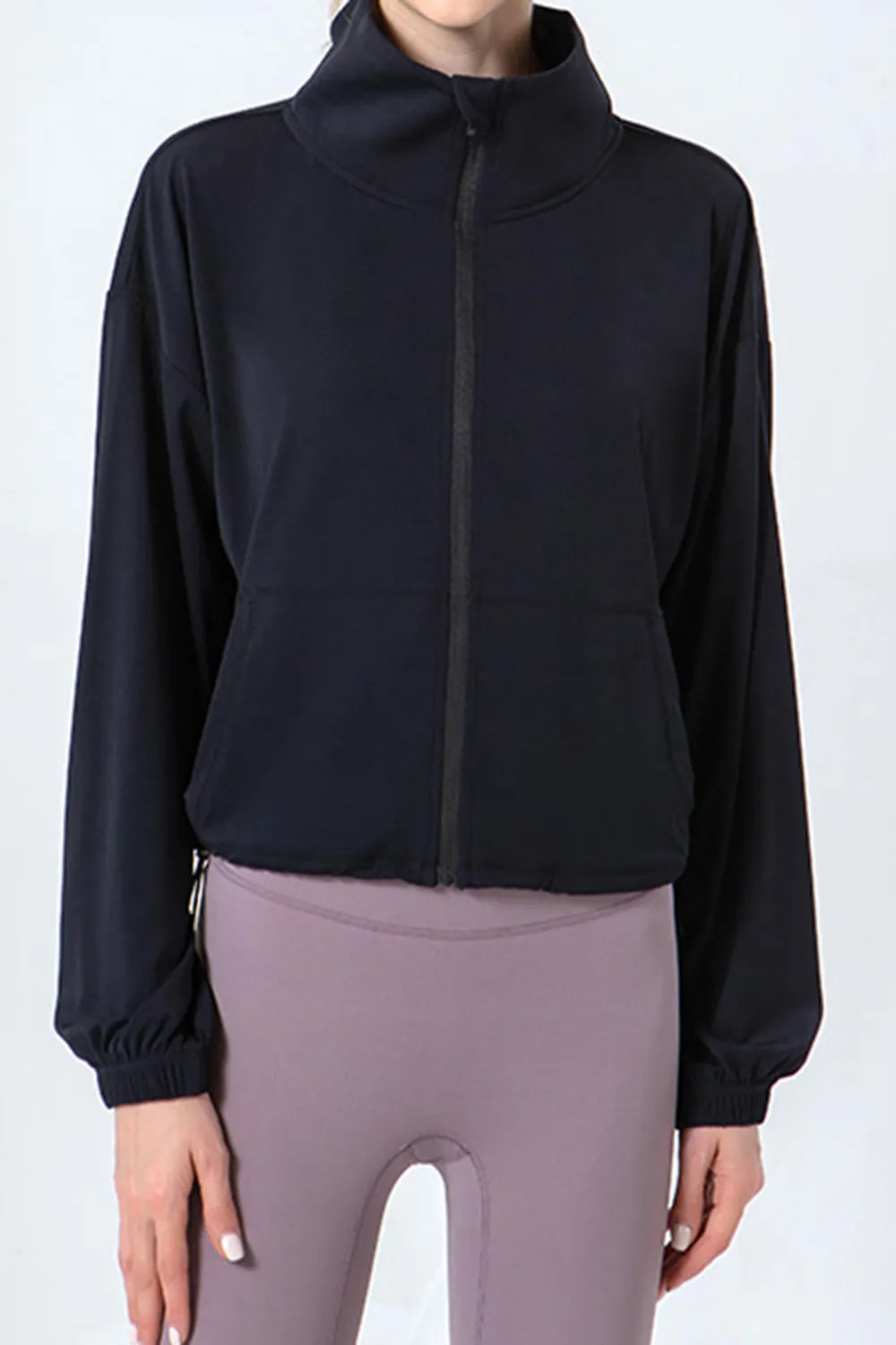 Black zip-up active jacket with stand collar, front zipper, elastic cuffs and drawstring hem