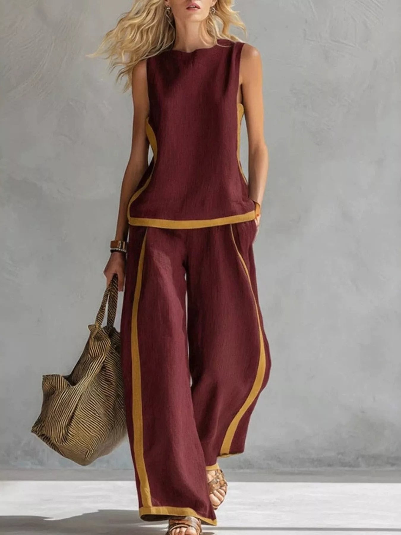 Plus size sleeveless top and wide-leg pants set, burgundy with mustard contrast trim
