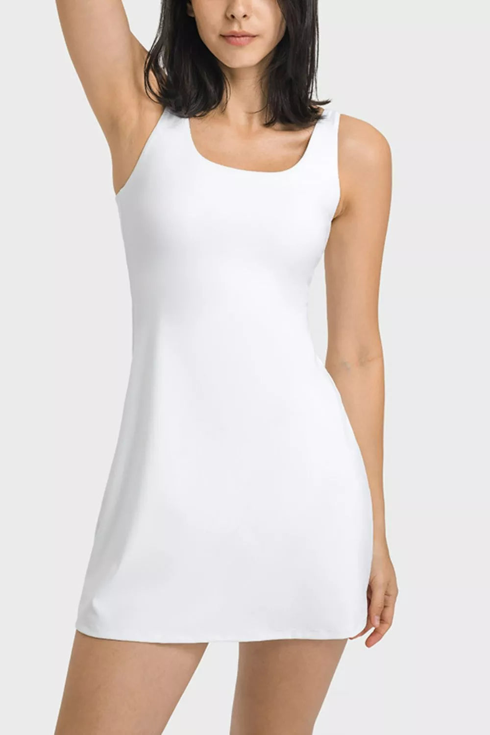 White square-neck sports tank dress with built-in full coverage shorts hem