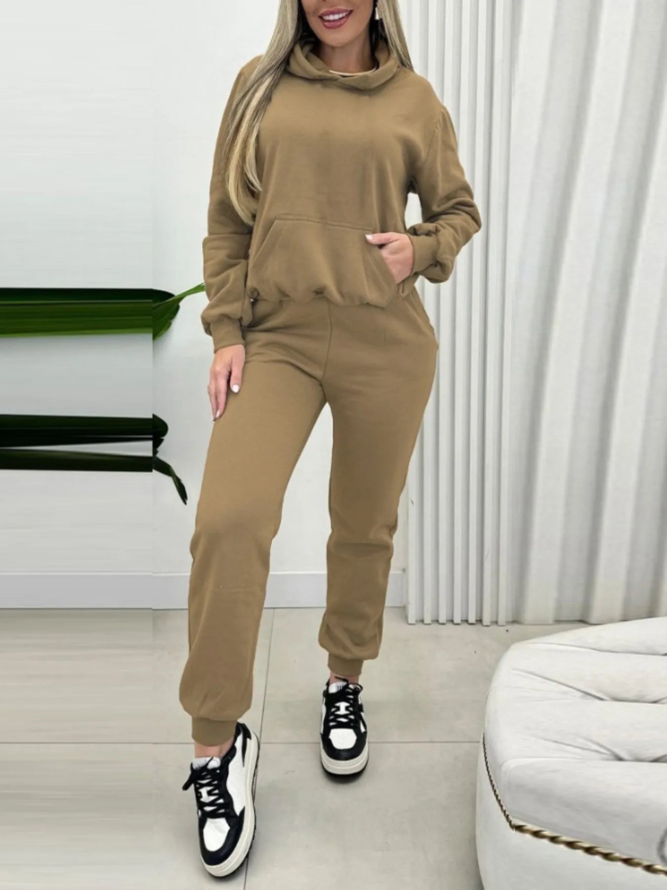 Khaki long-sleeve hoodie and joggers set with hood, drawstring, and front pocket