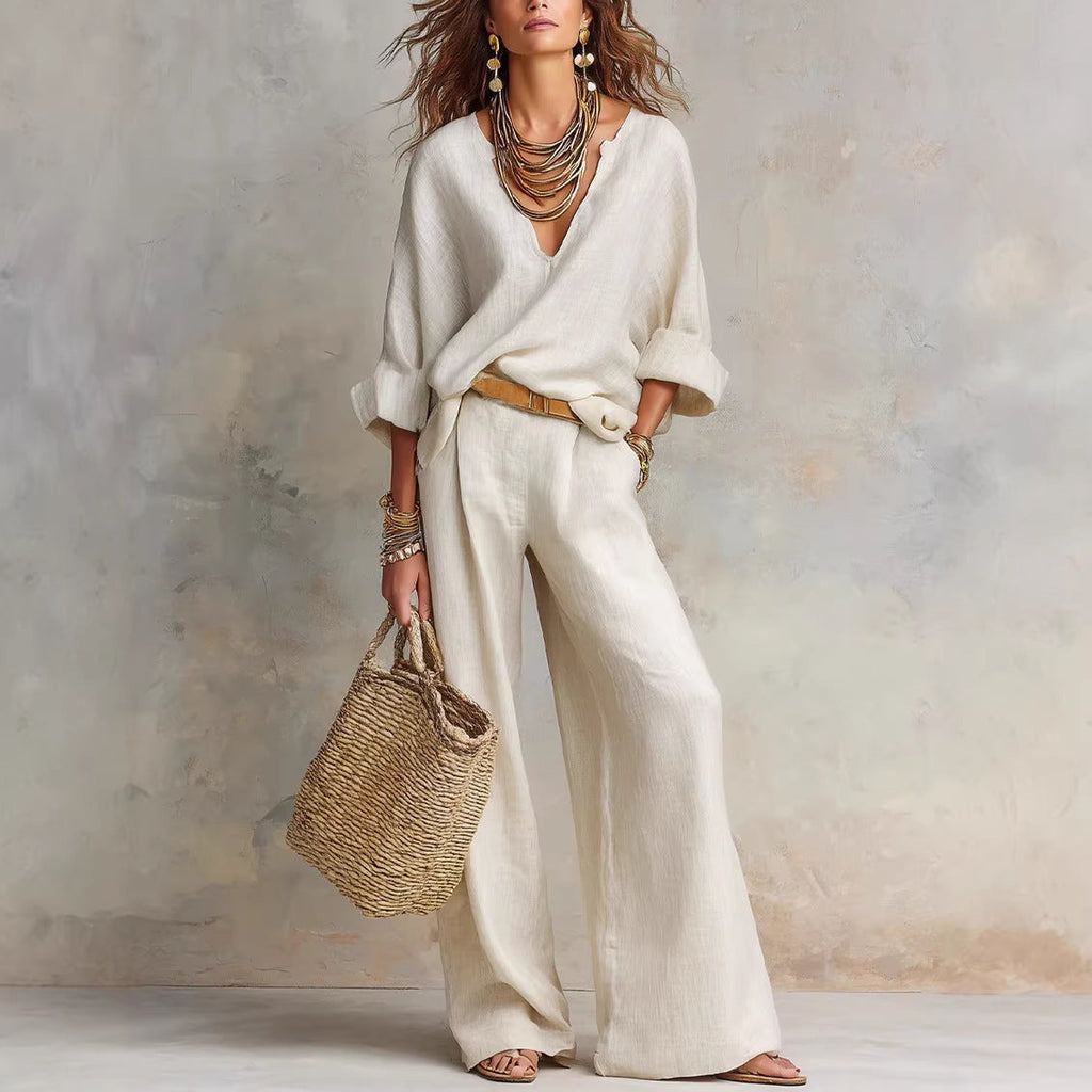 Casual Linen Vacation Set – Three-Quarter Sleeve Top & Full-Length Pants