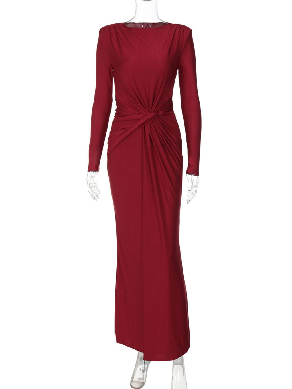 Ruched knot-front long sleeve maxi dress in deep red, centered ruched knot detail.
