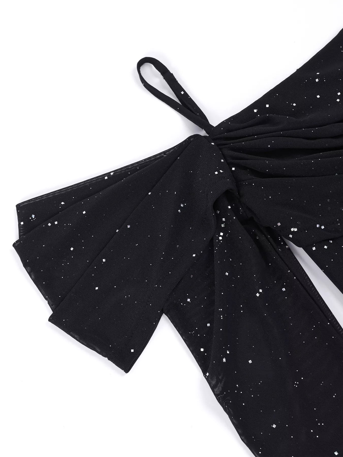 Black glitter off-shoulder neckline with bow detail on maxi dress