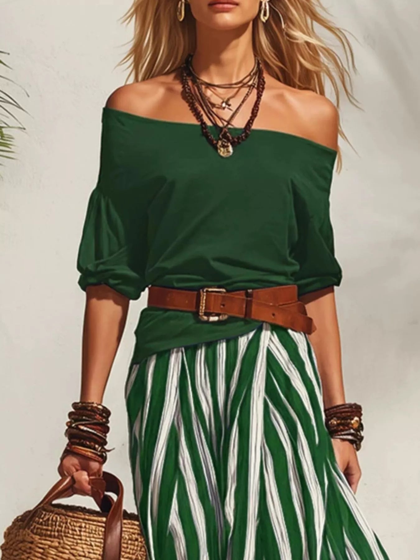 Green off-shoulder top with green-and-white striped maxi skirt, belted waist detail