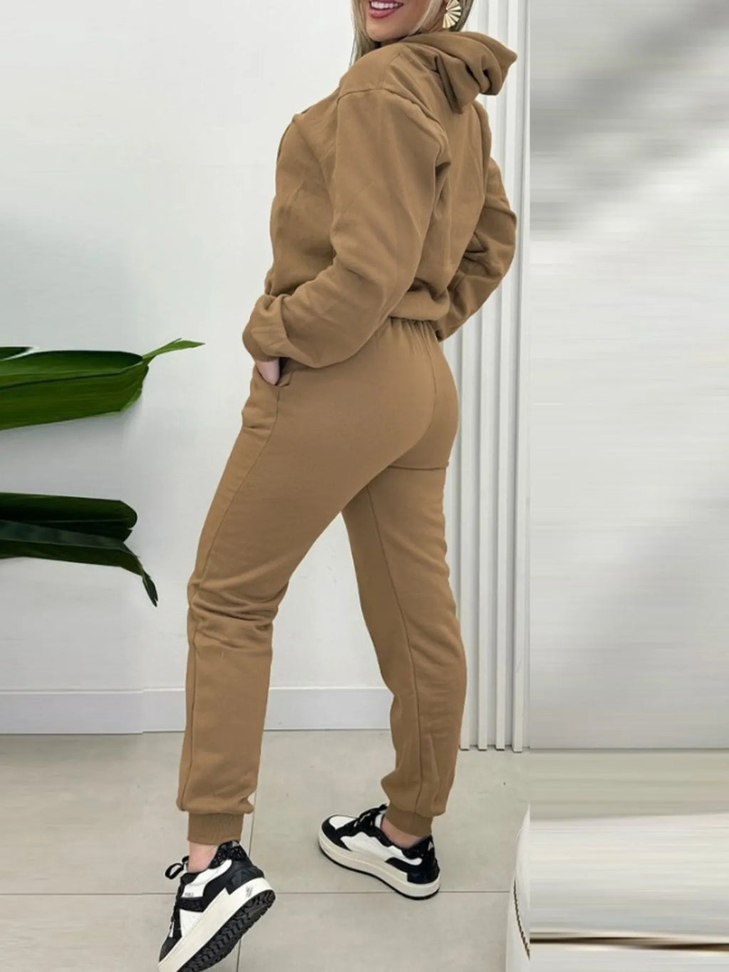 Khaki two-piece long-sleeve hoodie and joggers set with ribbed cuffs and drawstring