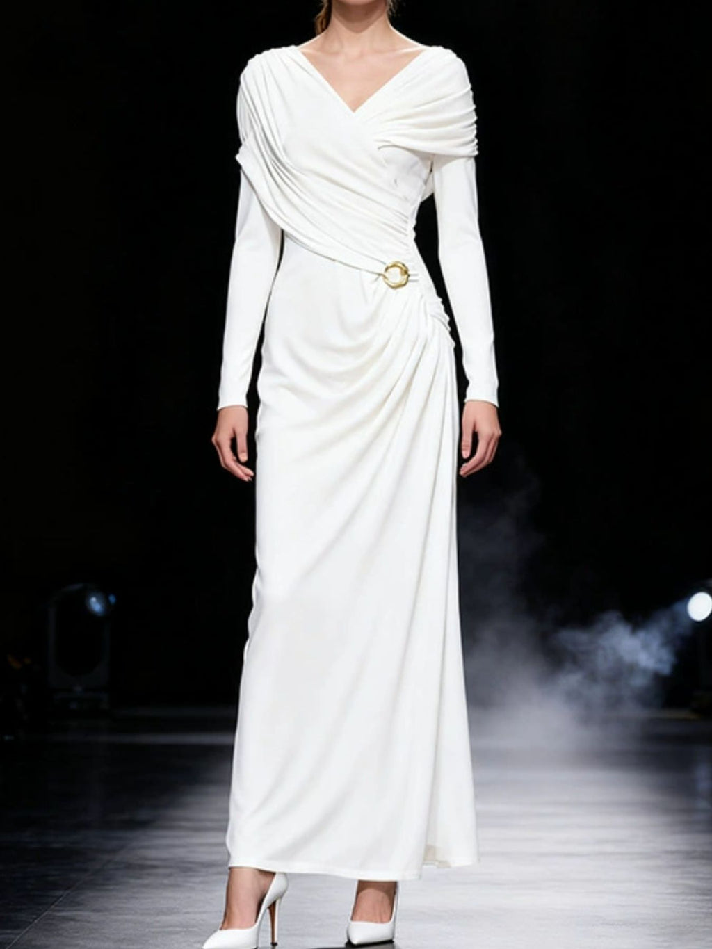 White ruched draped long-sleeve maxi dress with V-neck and diagonal wrap detail.