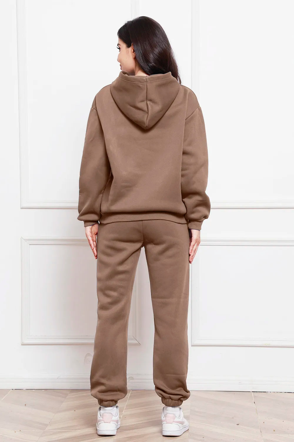 Mocha drop-shoulder long-sleeve hoodie and jogger pants set, back view