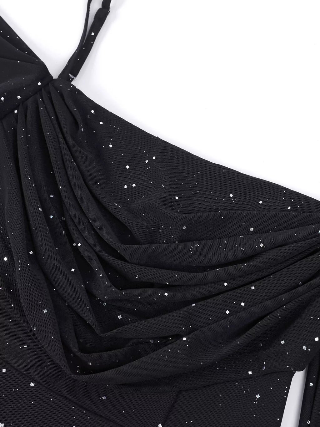 Black glitter ruched mermaid maxi skirt with draped layered fabric