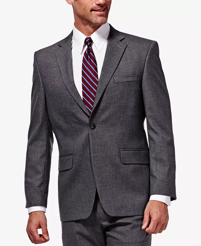 Men’s dark gray suit jacket with notch lapels, two-button front, and flap pockets