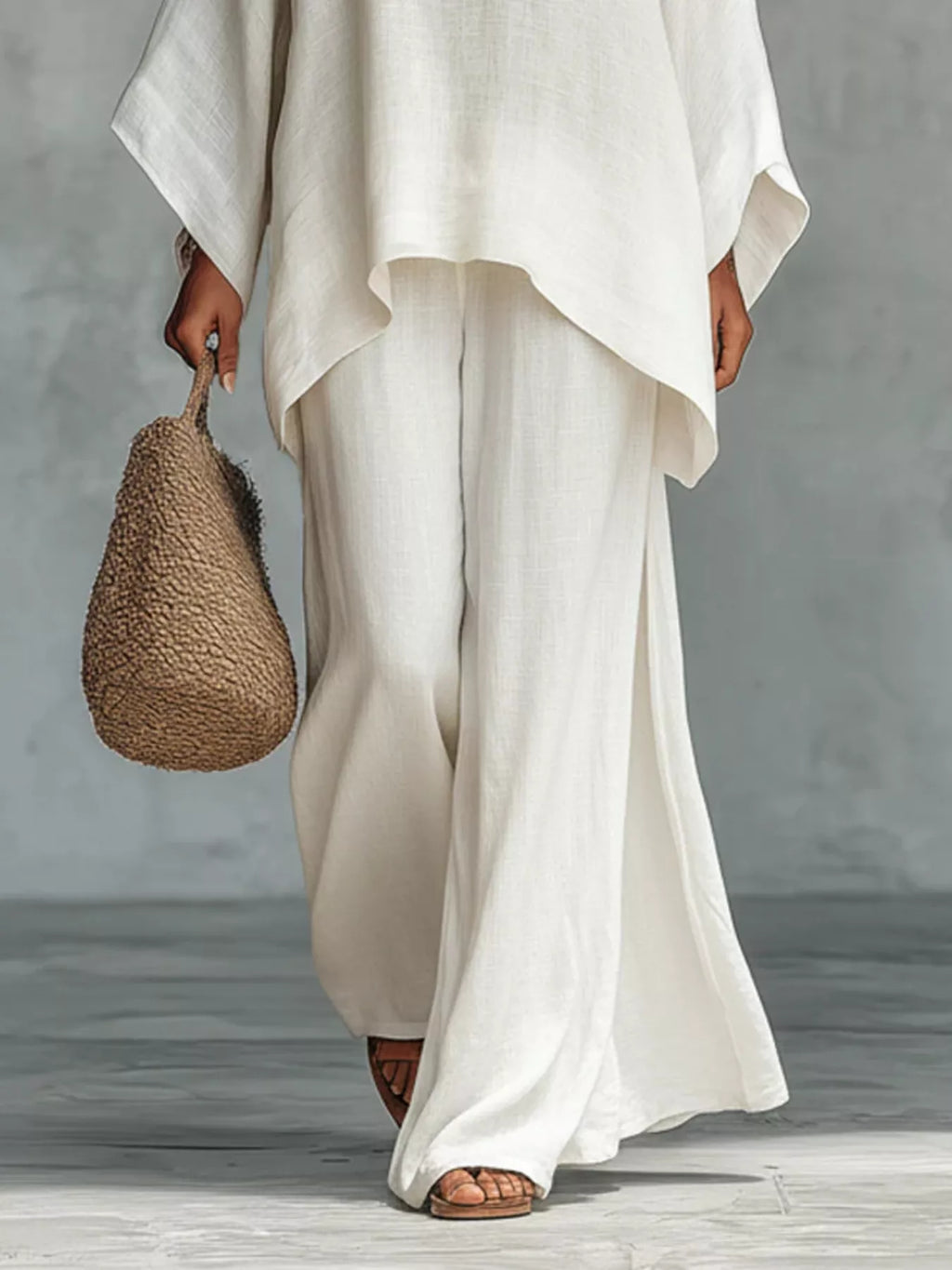 Two-piece long-sleeve top and wide-leg pants set, white tunic over flowing wide-leg pants