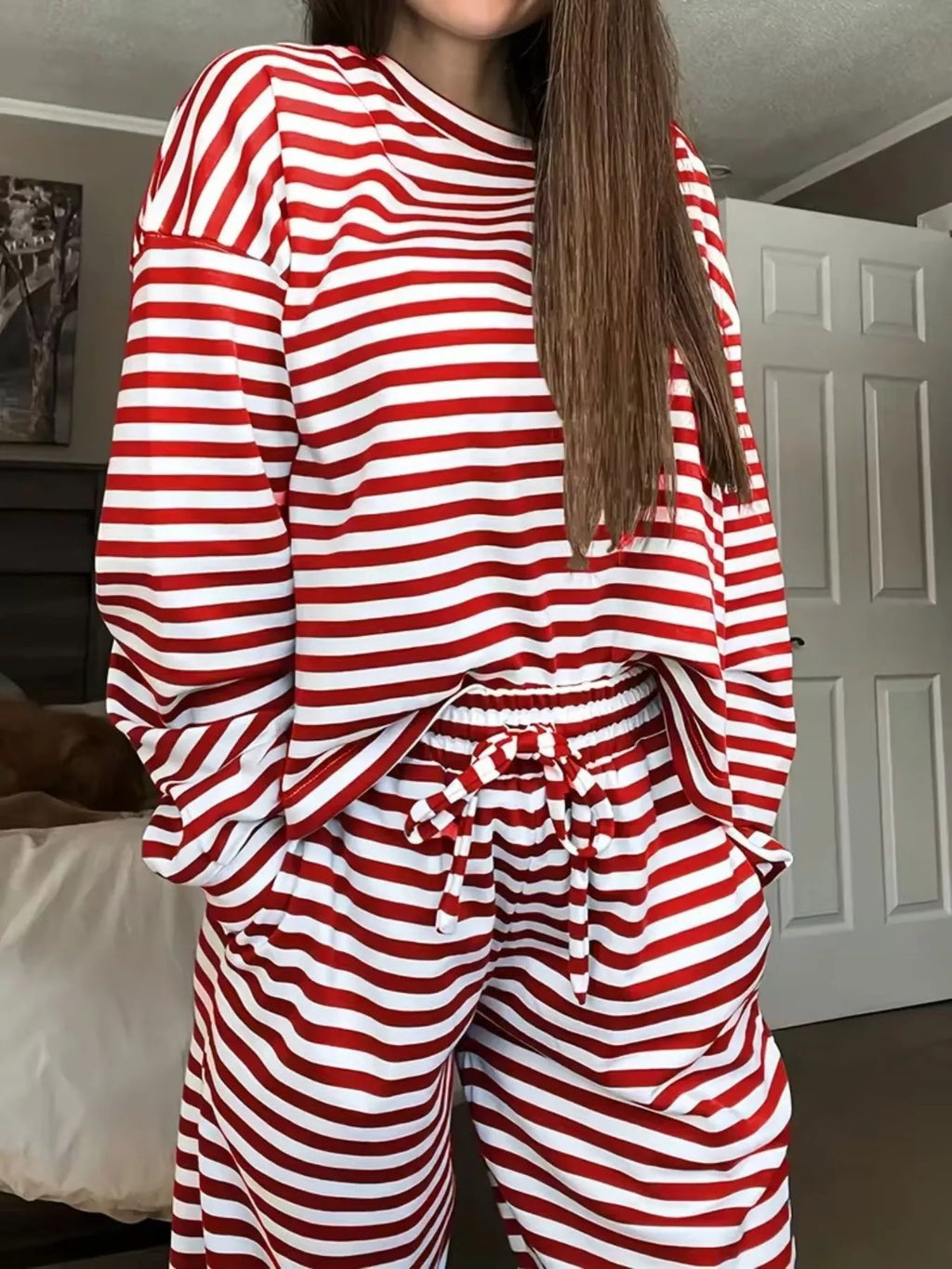 Scarlet-and-white striped long-sleeve top with matching gathered-waist wide-leg pants set