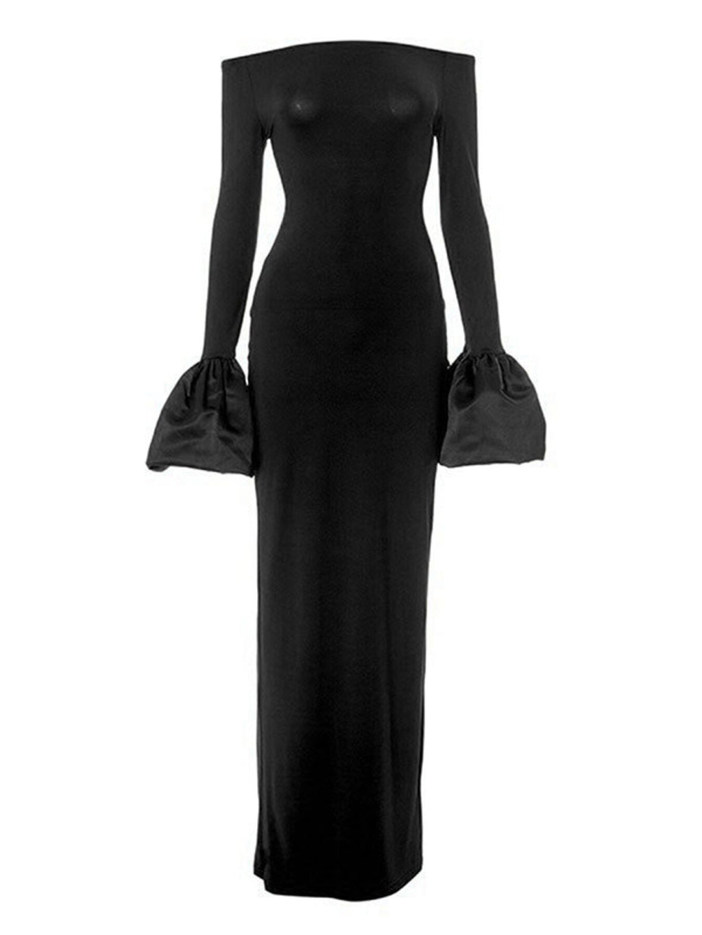 Black off-shoulder maxi dress flat lay with long sleeves and gathered flounce cuffs