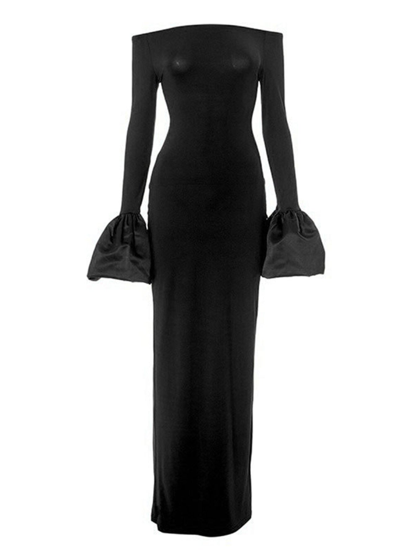 Black off-shoulder maxi dress flat lay with long sleeves and gathered flounce cuffs