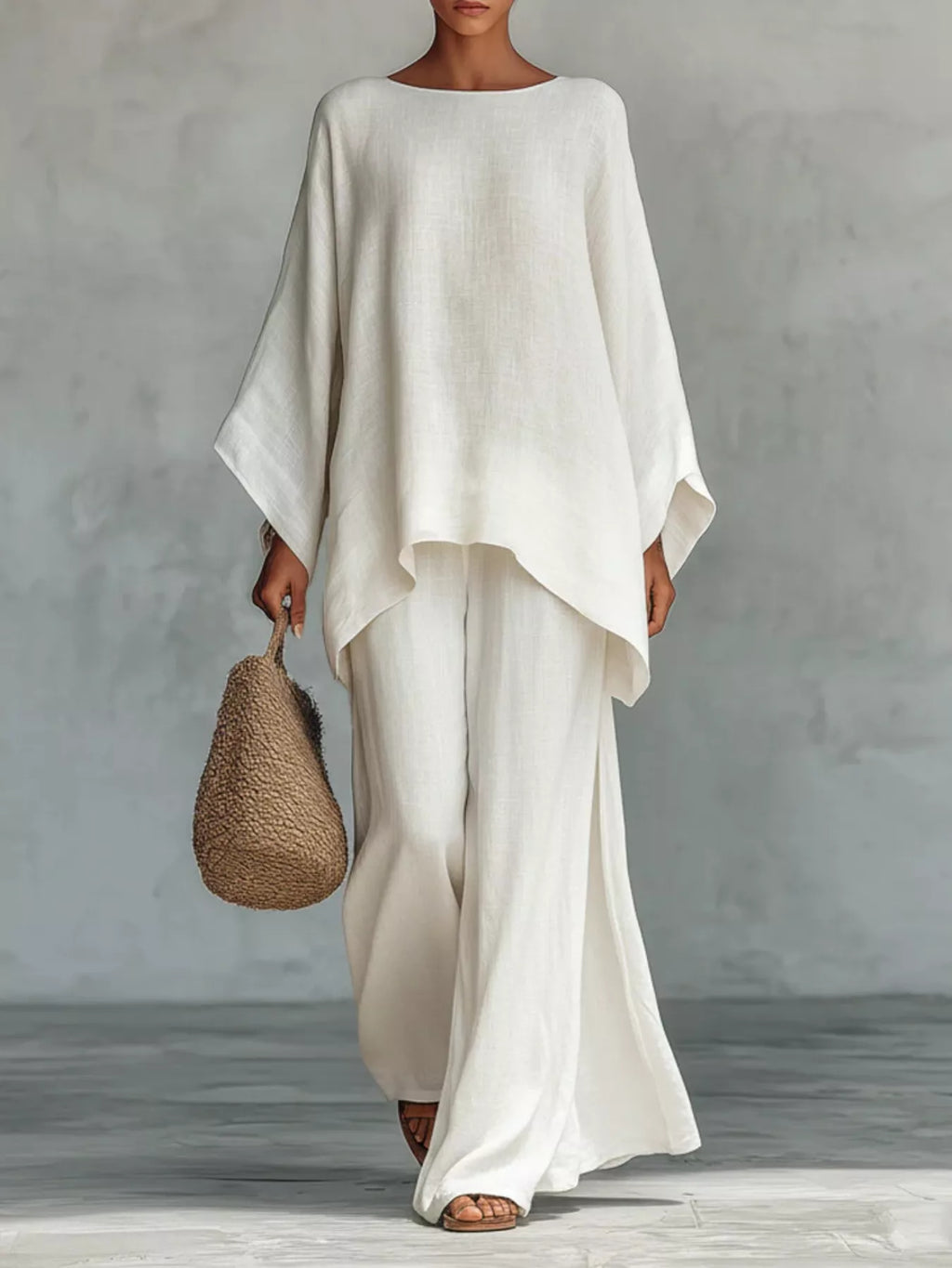 Two-piece long-sleeve top and wide-leg pants set, white draped tunic with wide-leg trousers