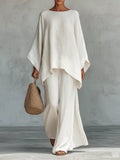 Two-piece long-sleeve top and wide-leg pants set, white draped tunic with wide-leg trousers