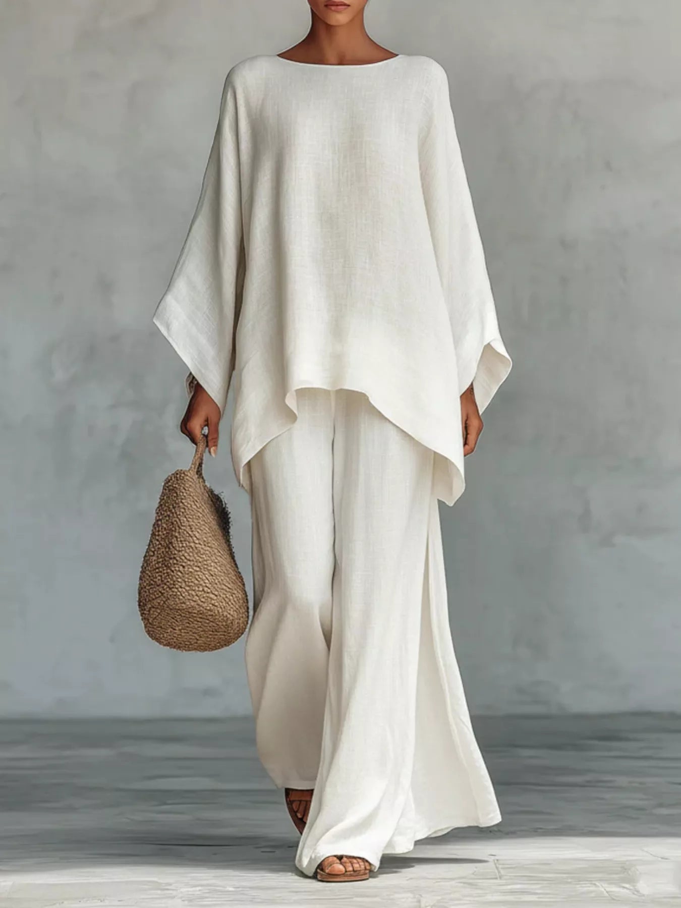 Two-piece long-sleeve top and wide-leg pants set, white draped tunic with wide-leg trousers