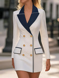 White double-breasted blazer dress with navy lapels and gold button front, tailored fit