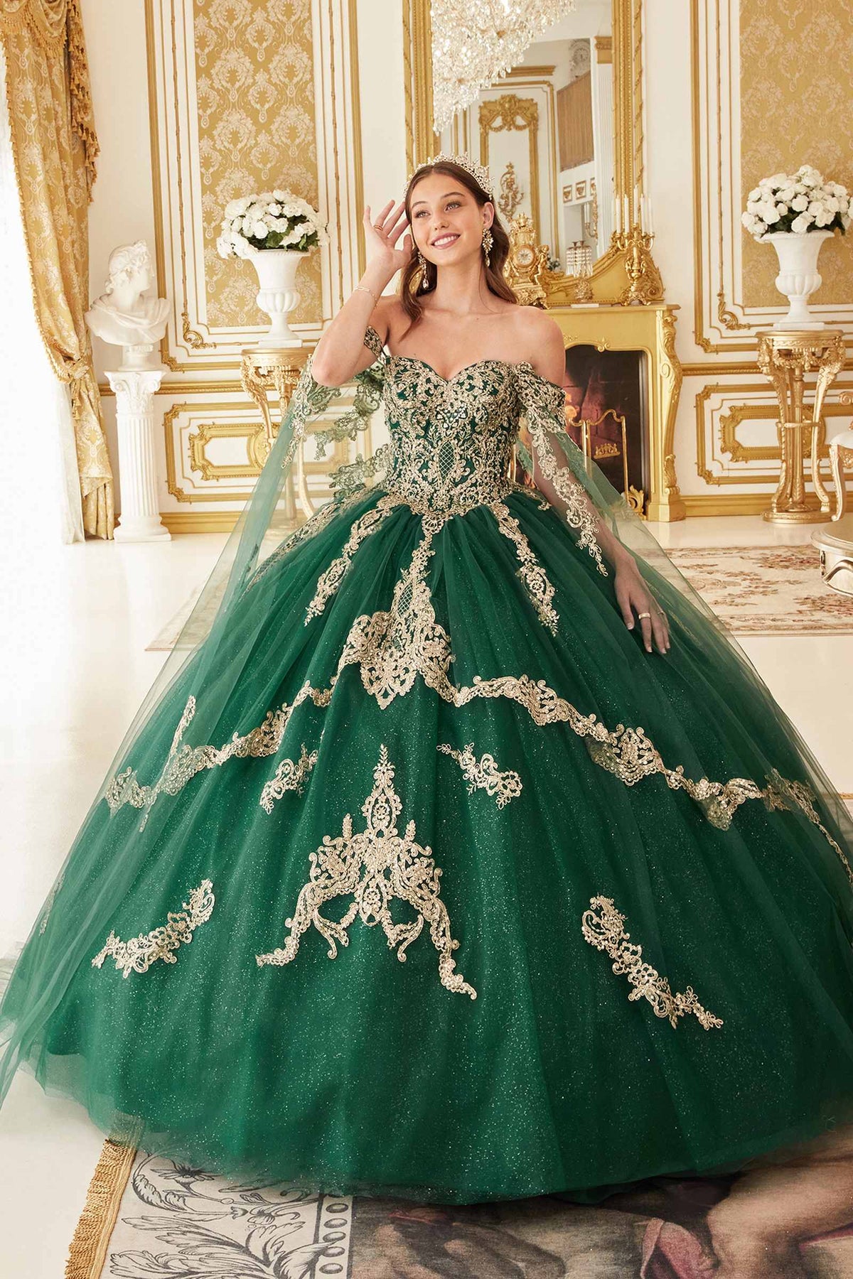 Emerald off-shoulder glitter tulle A-line ball gown with gold lace appliques