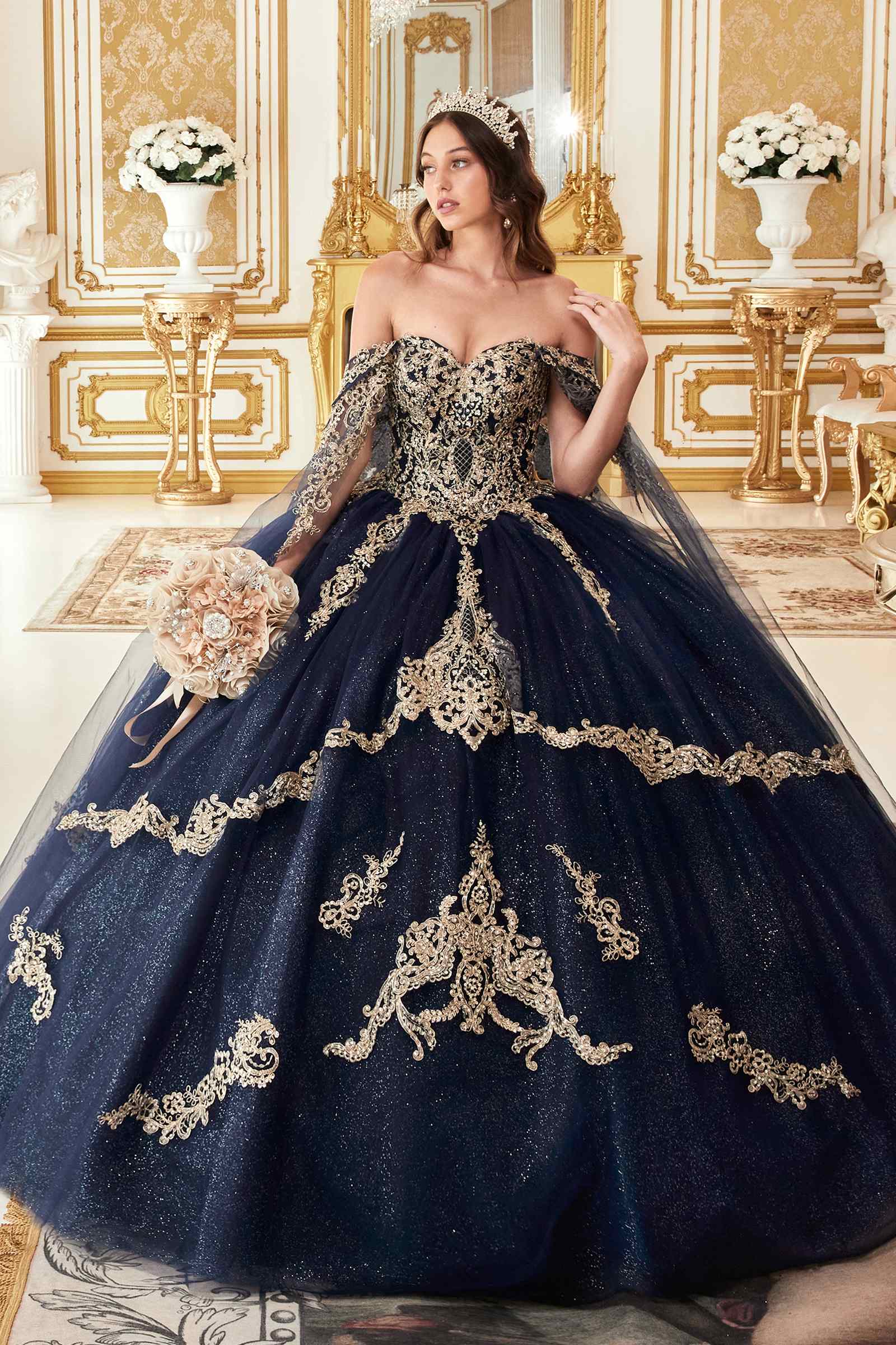 Navy off-shoulder glitter tulle A-line ball gown with gold lace appliques