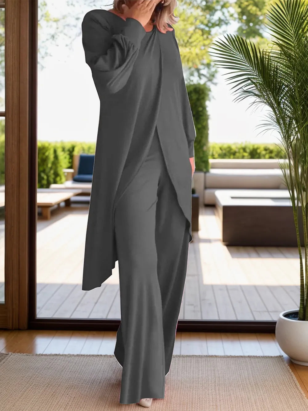 Dark gray long sleeve top and wide-leg pants set with front slit detail