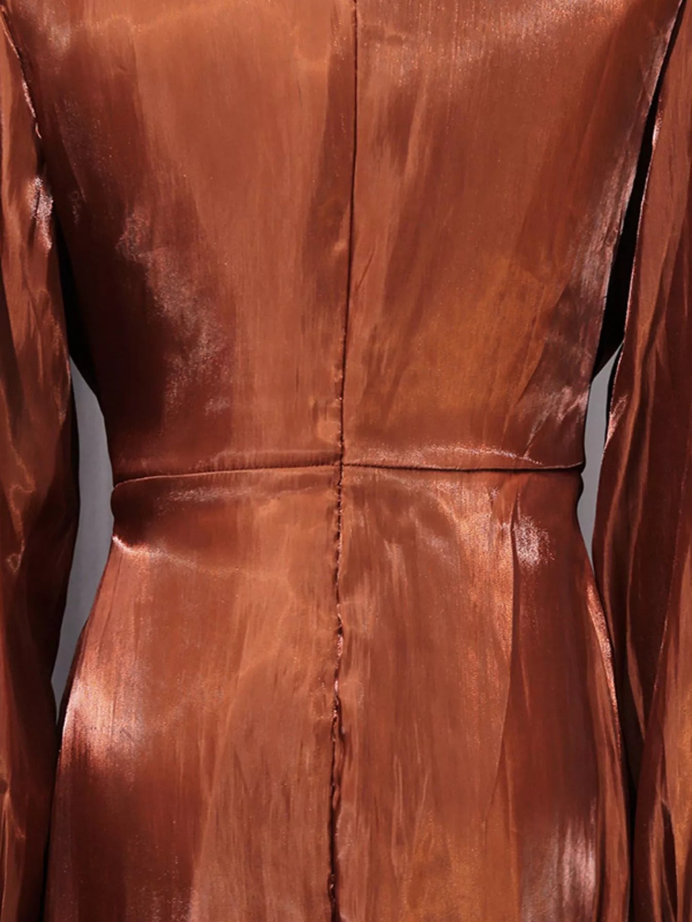 Rust satin maxi dress bodice with front seams and waist shaping