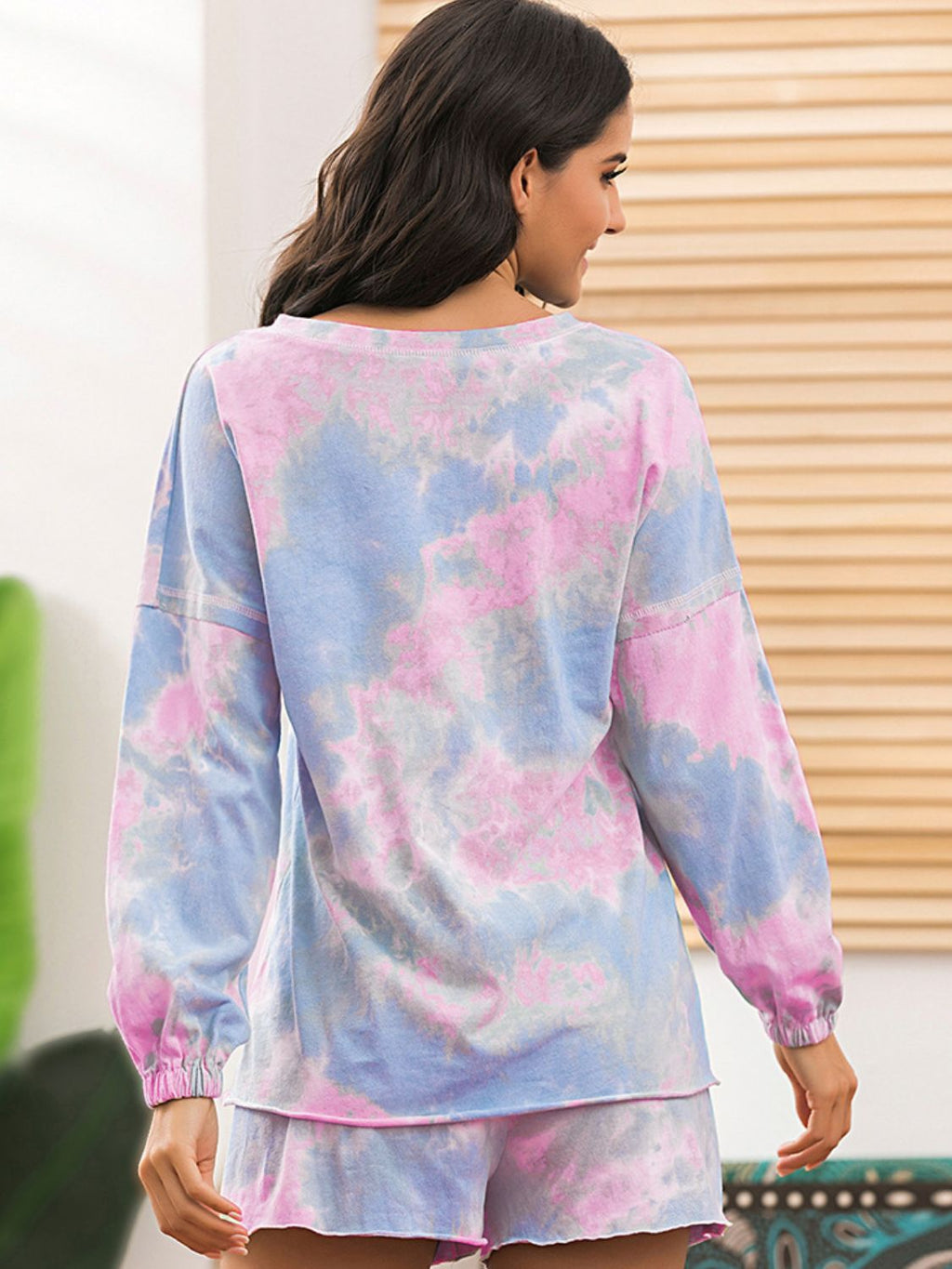 Pink-blue tie-dye lounge set, back view long-sleeve top and matching shorts