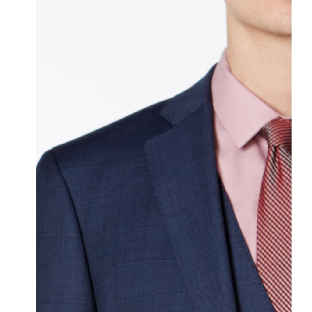 Blue tonal windowpane suit blazer lapel with striped burgundy necktie