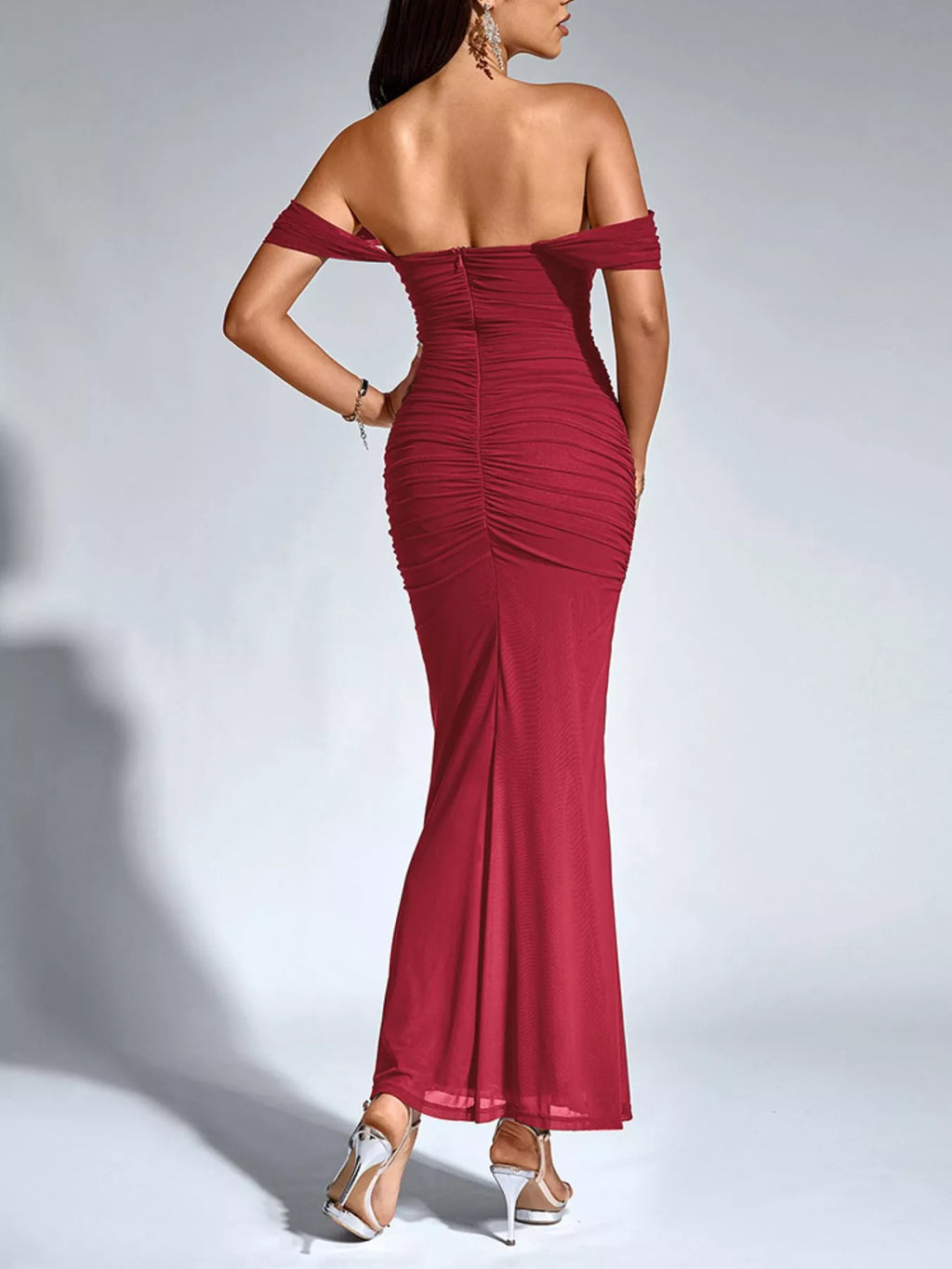 Burgundy ruched mermaid maxi dress with off-shoulder sleeves and back drape