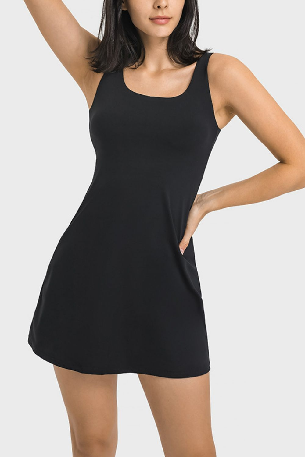Black square-neck sports tank dress with built-in full coverage shorts hem