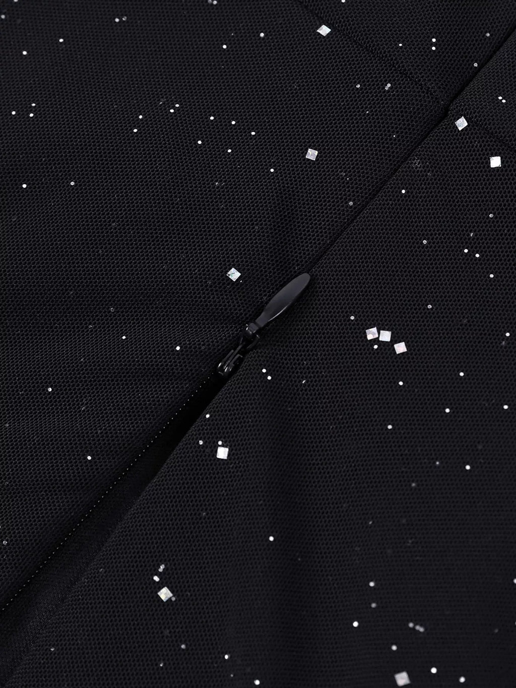 Black glitter fabric with concealed zipper and ruched seam on maxi dress