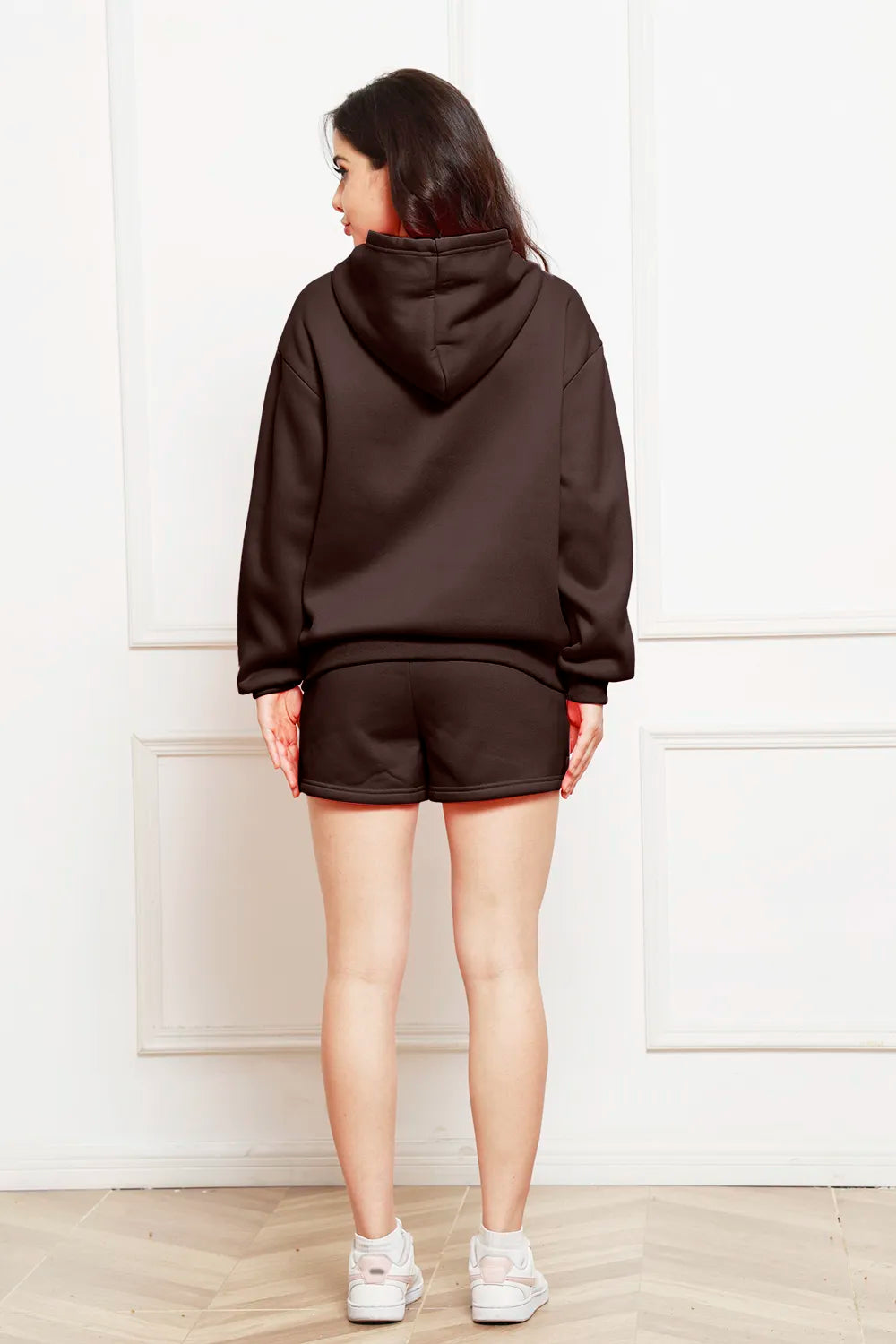 Chocolate brown hoodie and shorts set, back view with hood up