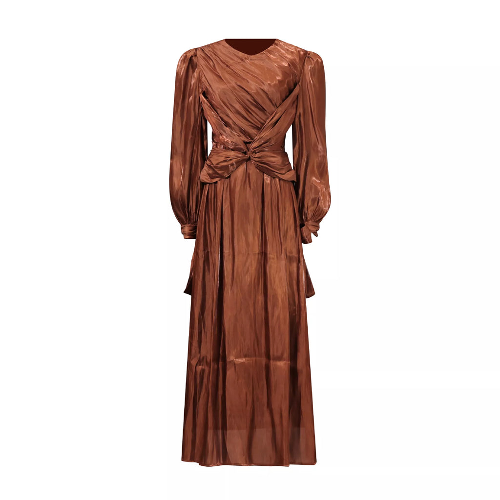 Coffee-brown twisted drape long-sleeve maxi dress with side-tie waist