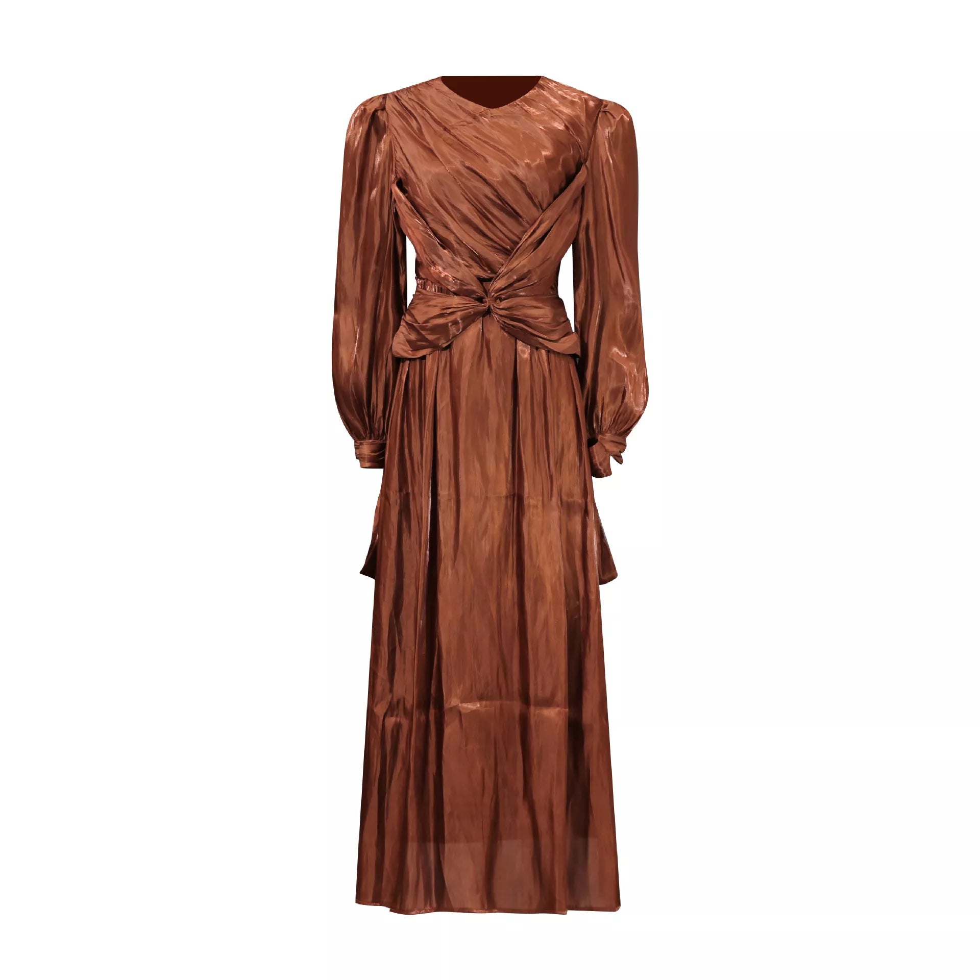Coffee-brown twisted drape long-sleeve maxi dress with side-tie waist