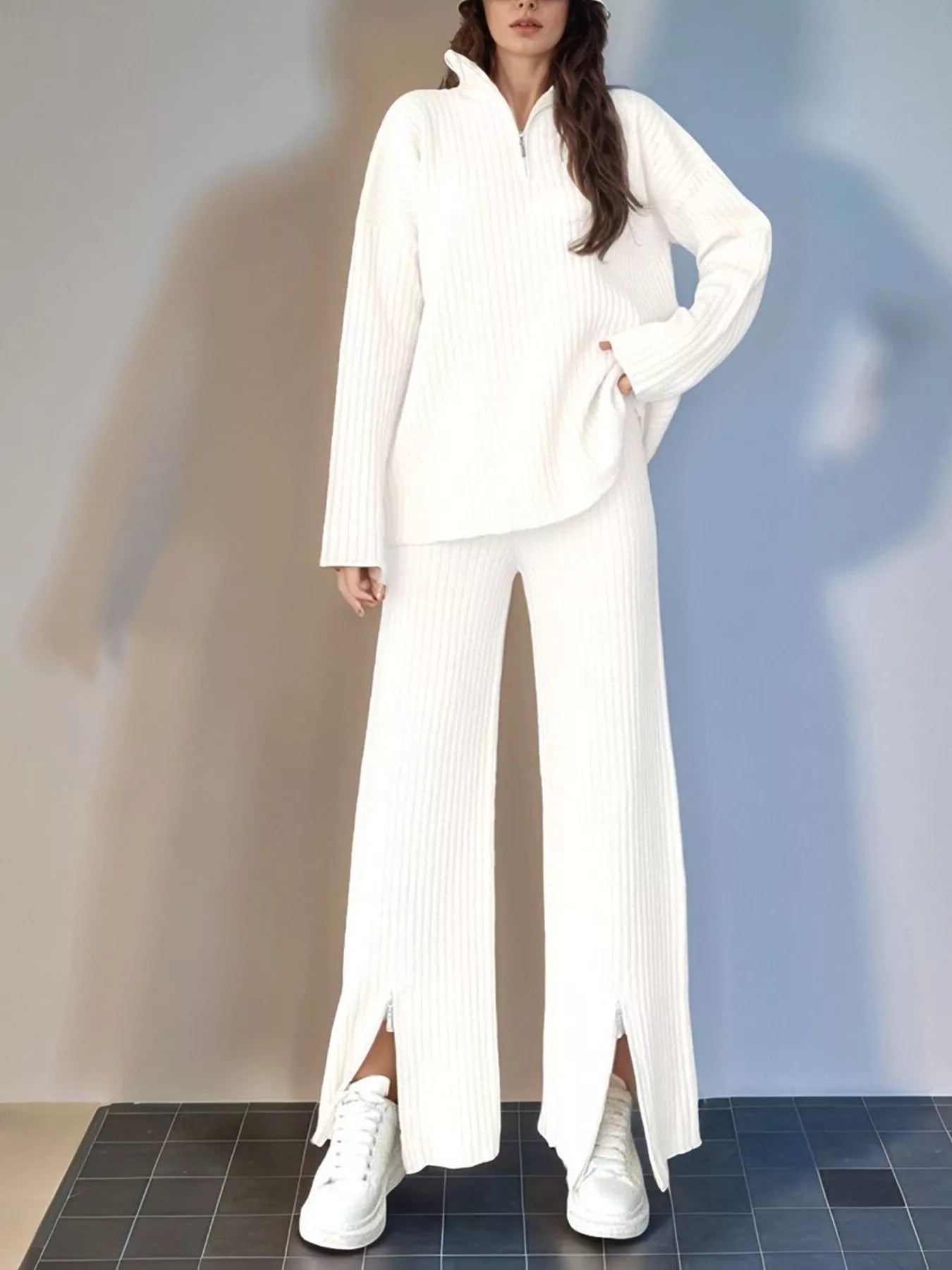 Ribbed knit loungewear set: half-zip top with wide-leg pants in white