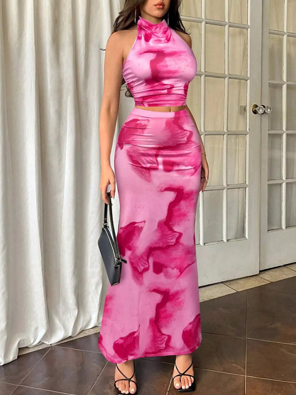 Women’s halter top and mermaid skirt set in pink tie-dye, sleeveless halter top