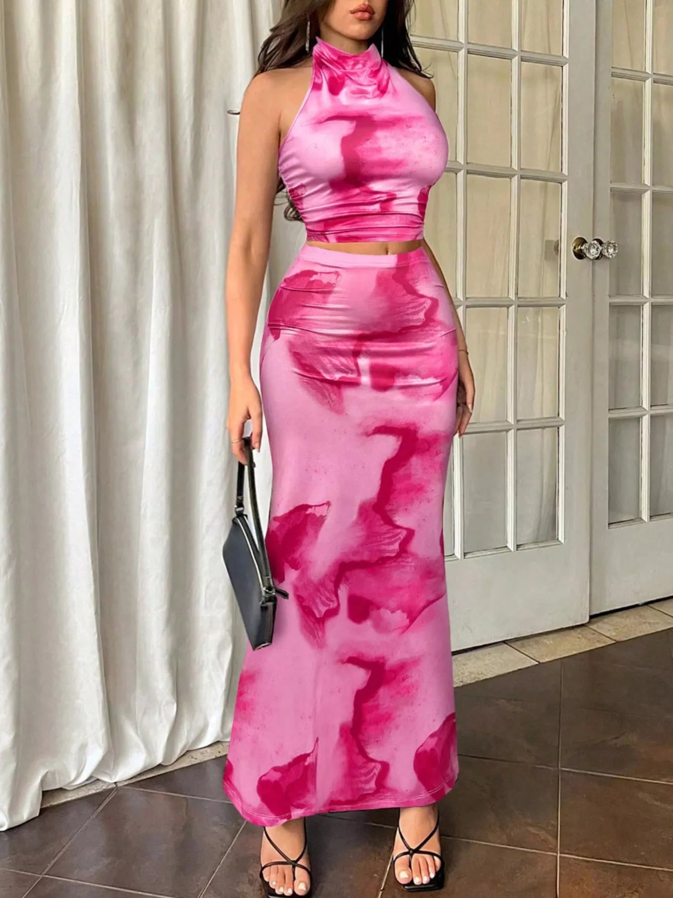 Women’s halter top and mermaid skirt set in pink tie-dye, sleeveless halter top