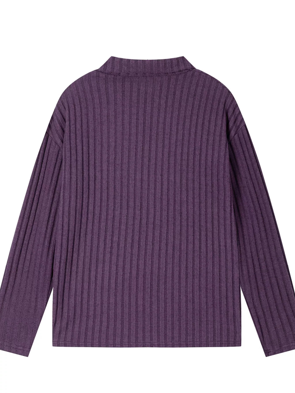 Purple ribbed knit top back view with high crew neckline and long sleeves