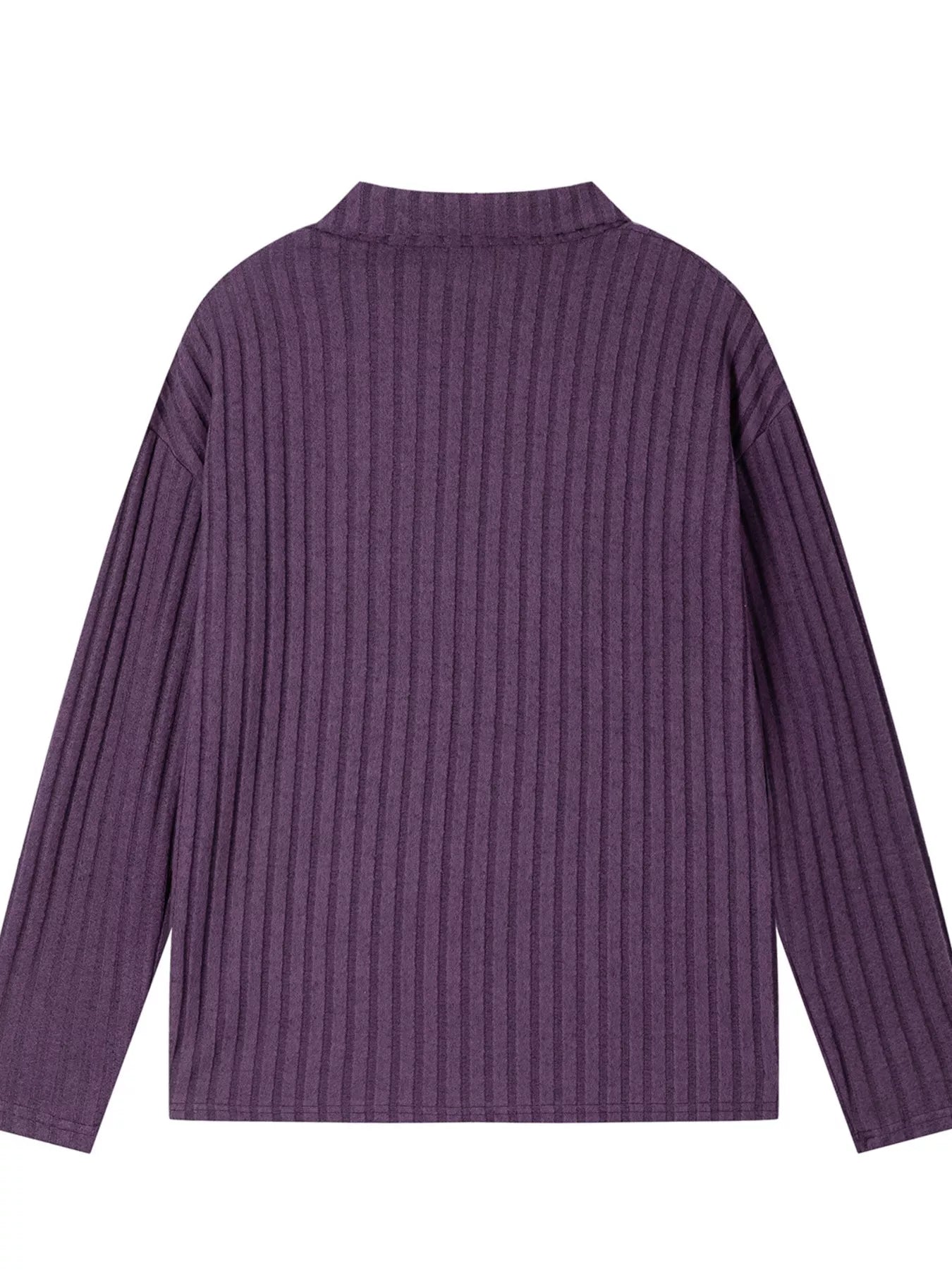 Purple ribbed knit top back view with high crew neckline and long sleeves
