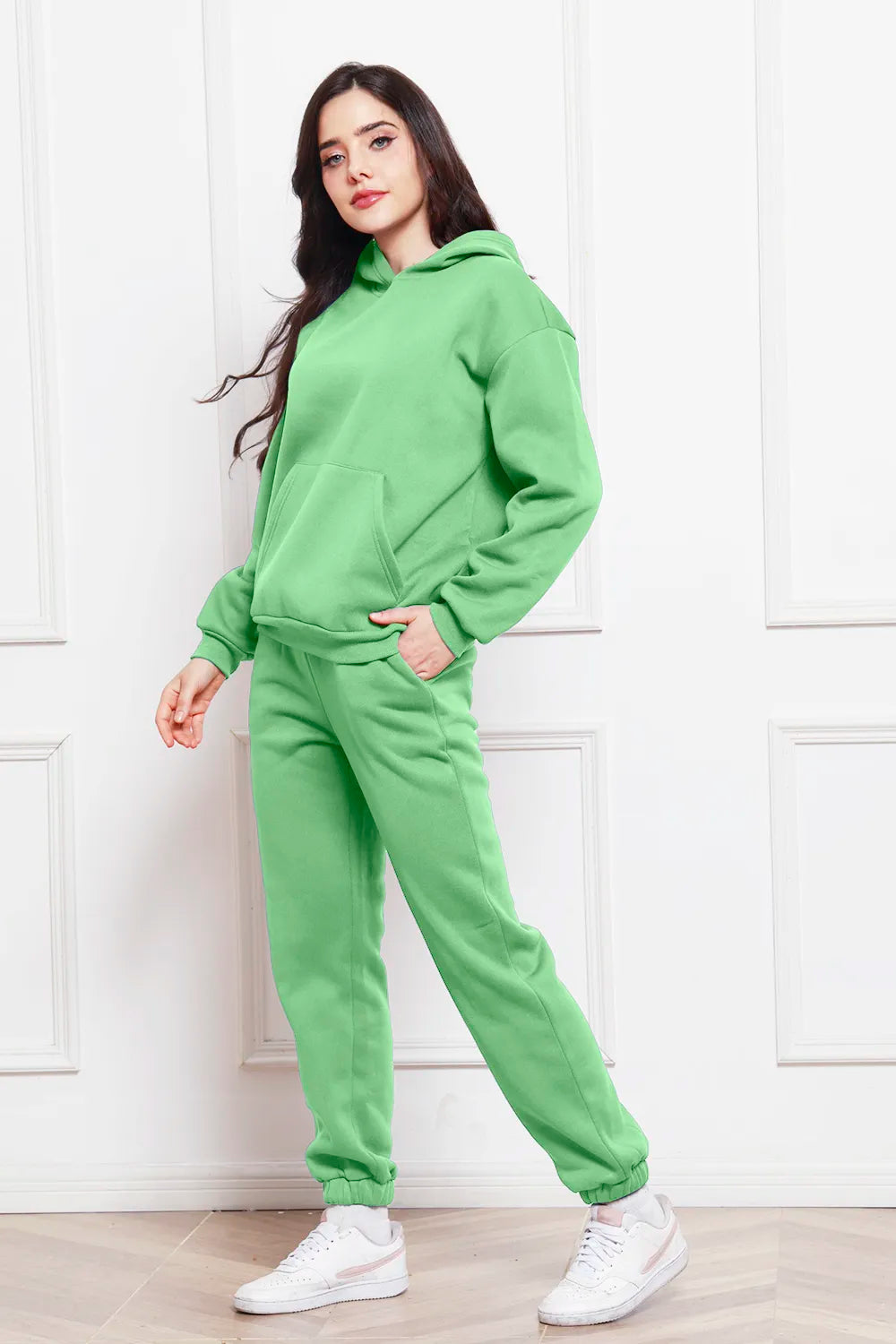 Hoodie and pants set in neon green with drop-shoulder hoodie and tapered joggers